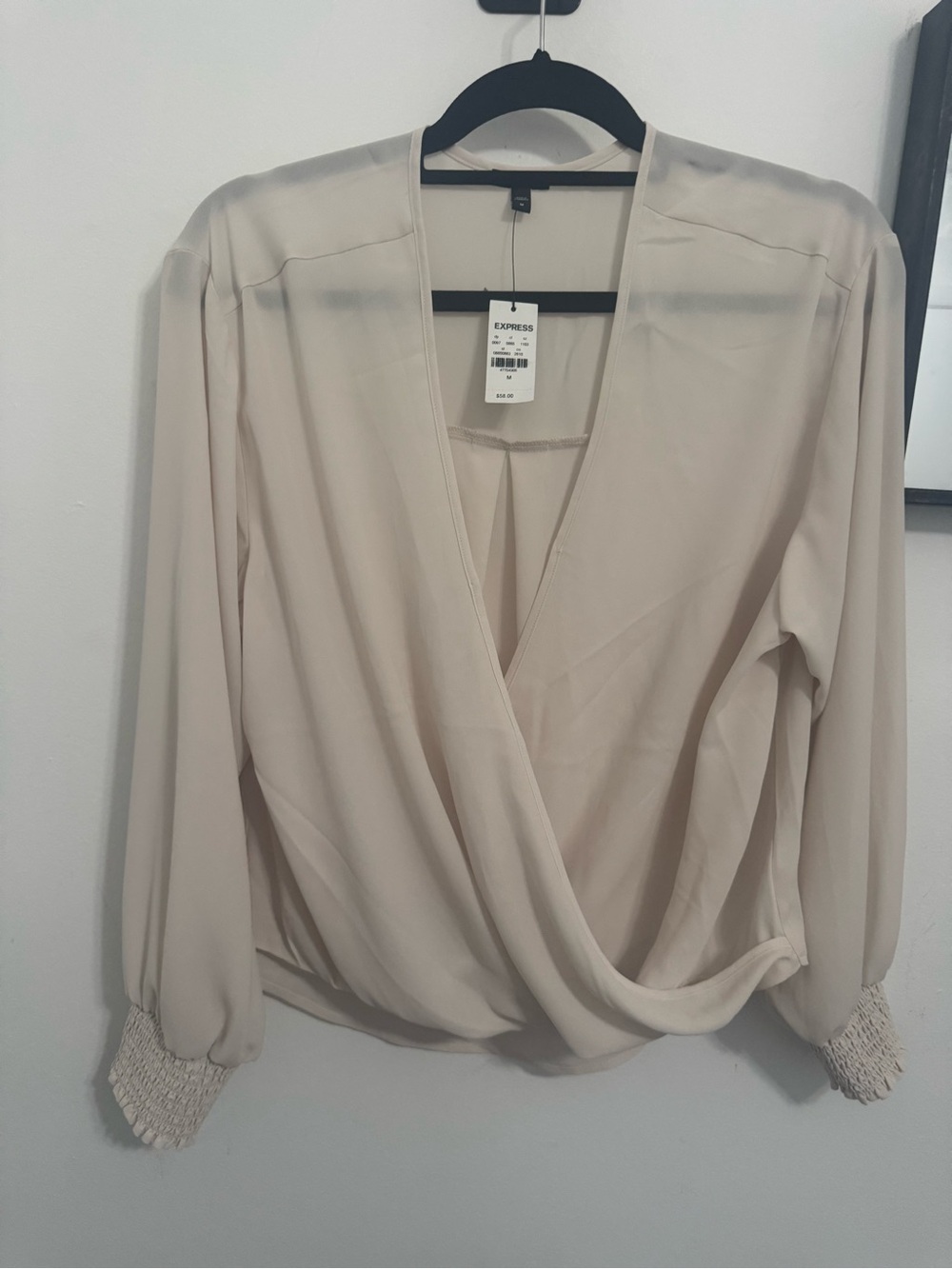 Express Light Cream Wrap Front Long-Sleeve Blouse